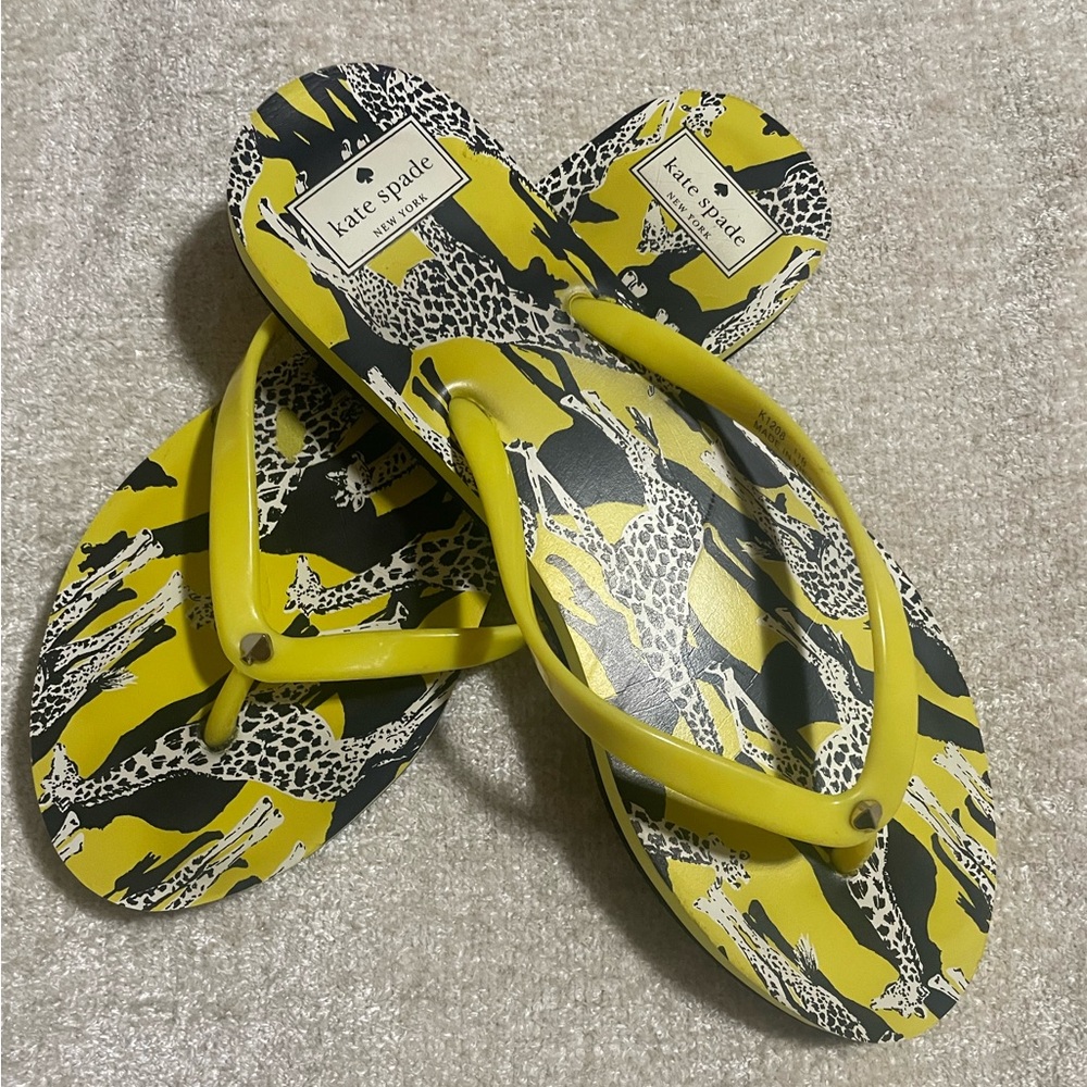 Kate Spade Feldon Flip Flops Neon Yellow Giraffe Print Women’s Size 11 EUC